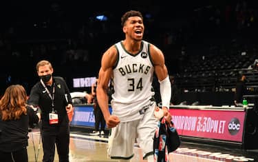 BROOKLYN, NY - JUNE 19: Giannis Antetokounmpo #34 of the Milwaukee Bucks reacts after Round 2, Game 7 on June 19, 2021 at Barclays Center in Brooklyn, New York. NOTE TO USER: User expressly acknowledges and agrees that, by downloading and/or using this Photograph, user is consenting to the terms and conditions of the Getty Images License Agreement. Mandatory Copyright Notice: Copyright 2021 NBAE (Photo by Jesse D. Garrabrant/NBAE via Getty Images) 