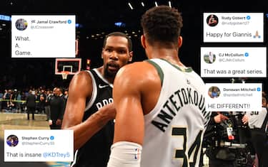 BROOKLYN, NY - JUNE 19: Kevin Durant #7 of the Brooklyn Nets and Giannis Antetokounmpo #34 of the Milwaukee Bucks high-five after Round 2, Game 7 on June 19, 2021 at Barclays Center in Brooklyn, New York. NOTE TO USER: User expressly acknowledges and agrees that, by downloading and/or using this Photograph, user is consenting to the terms and conditions of the Getty Images License Agreement. Mandatory Copyright Notice: Copyright 2021 NBAE (Photo by Jesse D. Garrabrant/NBAE via Getty Images) 