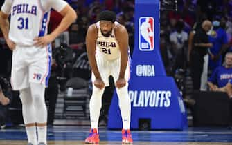 1233569095 PHILADELPHIA, PA - JUNE 20: Joel Embiid #21 of the Philadelphia 76ers looks on during a game against the Atlanta Hawks during Round 2, Game 7 of the Eastern Conference Playoffs on June 20, 2021 at Wells Fargo Center in Philadelphia, Pennsylvania. NOTE TO USER: User expressly acknowledges and agrees that, by downloading and/or using this Photograph, user is consenting to the terms and conditions of the Getty Images License Agreement. Mandatory Copyright Notice: Copyright 2021 NBAE (Photo by Jesse D. Garrabrant/NBAE via Getty Images)