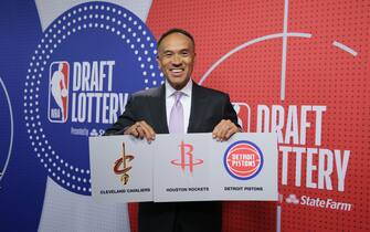 SECAUCUS, NJ - JUNE 22: Deputy Commissioner of the NBA, Mark Tatum holds up the cards of the Cleveland Cavaliers, the Houston Rockets and the Detroit Pistons during the 2021 NBA Draft Lottery on June 22, 2021 at the NBA Entertainment Studios in Secaucus, New Jersey. NOTE TO USER: User expressly acknowledges and agrees that, by downloading and/or using this photograph, user is consenting to the terms and conditions of the Getty Images License Agreement. Mandatory Copyright Notice: Copyright 2021 NBAE (Photo by Steve Freeman/NBAE via Getty Images)