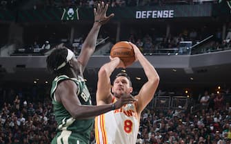 MILWAUKEE, WI - JUNE 23: Danilo Gallinari #8 of the Atlanta Hawks shoots the ball against the Milwaukee Bucks during Game 1 of the Eastern Conference Finals of the 2021 NBA Playoffs on June 23, 2021 at the Fiserv Forum Center in Milwaukee, Wisconsin. NOTE TO USER: User expressly acknowledges and agrees that, by downloading and or using this Photograph, user is consenting to the terms and conditions of the Getty Images License Agreement. Mandatory Copyright Notice: Copyright 2021 NBAE (Photo by Nathaniel S. Butler/NBAE via Getty Images). 