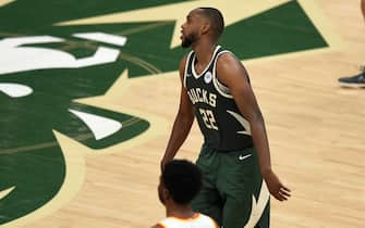 MILWAUKEE, WISCONSIN - JUNE 23: Khris Middleton #22 of the Milwaukee Bucks reacts to a missed three point shot attempt at the end of the game against the Atlanta Hawks during the fourth quarter in game one of the Eastern Conference Finals at Fiserv Forum on June 23, 2021 in Milwaukee, Wisconsin. (Photo by Patrick McDermott/Getty Images)