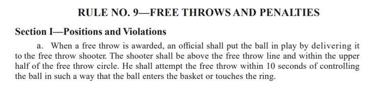 Il passaggio del regolamento NBA che regola la violazione di 10 secondi in lunetta