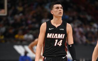 MIAMI, FL - MAY 29: Tyler Herro #14 of the Miami Heat looks on during a game against the Milwaukee Bucks during Round One Game Four of the Eastern Conference Playoffs on May 29, 2021 at AmericanAirlines Arena in Miami, Florida. NOTE TO USER: User expressly acknowledges and agrees that, by downloading and/or using this Photograph, user is consenting to the terms and conditions of the Getty Images License Agreement. Mandatory Copyright Notice: Copyright 2021 NBAE (Photo by David Dow/NBAE via Getty Images) 