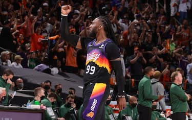 PHOENIX, AZ - July 8: Jae Crowder #99 of the Phoenix Suns celebrates during Game Two of the 2021 NBA Finals on July 8, 2021 at Phoenix Suns Arena in Phoenix, Arizona. NOTE TO USER: User expressly acknowledges and agrees that, by downloading and or using this photograph, user is consenting to the terms and conditions of the Getty Images License Agreement. Mandatory Copyright Notice: Copyright 2021 NBAE (Photo by Nathaniel S. Butler/NBAE via Getty Images)