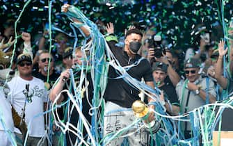 MILWAUKEE, WISCONSIN - JULY 22: Giannis Antetokounmpo celebrates during the Milwaukee Bucks 2021 NBA Championship Victory Parade and Rally in the Deer District of Fiserv Forum on July 22, 2021 in Milwaukee, Wisconsin. NOTE TO USER: User expressly acknowledges and agrees that, by downloading and or using this photograph, User is consenting to the terms and conditions of the Getty Images License Agreement. (Photo by Patrick McDermott/Getty Images)