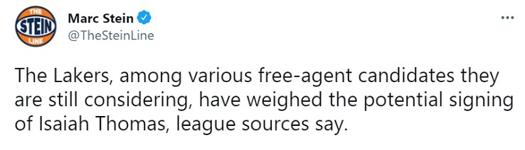Il tweet di Marc Stein che conferma l'interesse dei Lakers (e non solo) verso "IT"