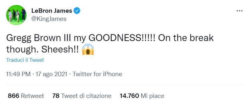 Il tweet di ammirazione di "King" James per la schiacciata di Greg Brown III