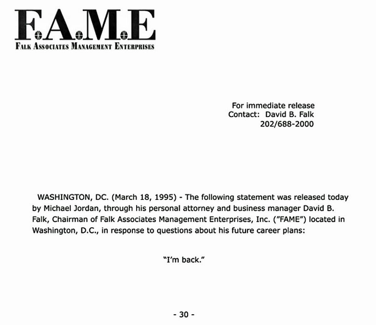 L'immagine del fax che il 18 marzo 1995 annunciava al mondo intero il ritorno al basket di Michael Jordan dopo il primo ritiro arrivato nel 1993 a seguito della morte di suo padre