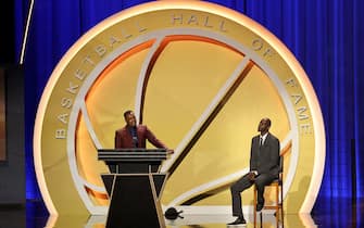 SPRINGFIELD, MASSACHUSETTS - SEPTEMBER 11: Paul Pierce, presented by Kevin Garnett speaks during the 2021Naismith Memorial  Basketball Hall of Fame ceremony at Symphony Hall on September 11, 2021 in Springfield, Massachusetts. (Photo by Maddie Meyer/Getty Images)