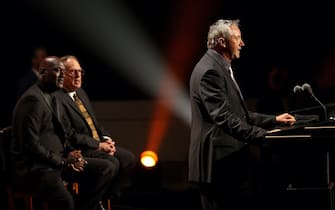 SPRINGFIELD, MASSACHUSETTS - SEPTEMBER 11: Toni Kukoc speaks during the 2021Naismith Memorial  Basketball Hall of Fame ceremony presented by Michael Jordan and Jerry Reinsdorf at Symphony Hall on September 11, 2021 in Springfield, Massachusetts. (Photo by Maddie Meyer/Getty Images)