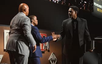 SPRINGFIELD, MA - SEPTEMBER 11: Isiah Thomas  shakes hands with Chris Webber during the 2021 Basketball Hall of Fame Enshrinement Ceremony on September 11, 2021 at MassMutual in Springfield, Massachusetts. NOTE TO USER: User expressly acknowledges and agrees that, by downloading and/or using this photograph, user is consenting to the terms and conditions of the Getty Images License Agreement. Mandatory Copyright Notice: Copyright 2021 NBAE (Photo by Brian Babineau/NBAE via Getty Images)