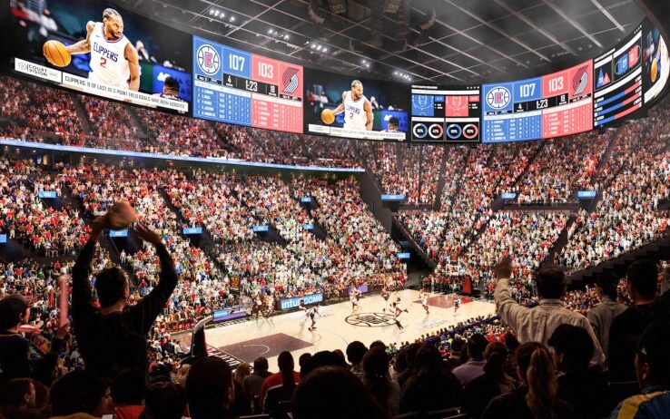 Una delle immagini del progetto presentato ieri che mostra come sarà l'interno dell'Intuit Dome - arena da 18.000 posti che verrà costruita a Inglewood