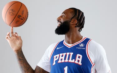CAMDEN, NEW JERSEY - SEPTEMBER 27: Andre Drummond #1 of the Philadelphia 76ers stands for a portrait during Philadelphia 76ers Media Day held at Philadelphia 76ers Training Complex on September 27, 2021 in Camden, New Jersey. (Photo by Tim Nwachukwu/Getty Images)
