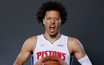 DETROIT, MICHIGAN - SEPTEMBER 27: Cade Cunningham  #2 of the Detroit Pistons poses for a photo during media day at Little Caesars Arena on September 27, 2021 in Detroit, Michigan. NOTE TO USER: User expressly acknowledges and agrees that, by downloading and or using this photograph, User is consenting to the terms and conditions of the Getty Images License Agreement. (Photo by Rick Osentoski/Getty Images)