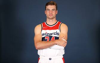 WASHINGTON, DC - SEPTEMBER 27: Corey Kispert #24 of the Washington Wizards poses during media day at Entertainment & Sports Arena on September 27, 2021 in Washington, DC.  NOTE TO USER: User expressly acknowledges and agrees that, by downloading and or using this photograph, User is consenting to the terms and conditions of the Getty Images License Agreement. (Photo by Rob Carr/Getty Images)