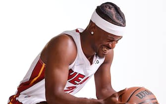 MIAMI, FLORIDA - SEPTEMBER 27: Jimmy Butler #22 of the Miami Heat poses for a photo during Media Day at FTX Arena on September 27, 2021 in Miami, Florida. NOTE TO USER: User expressly acknowledges and agrees that, by downloading and or using this photograph, User is consenting to the terms and conditions of the Getty Images License Agreement. (Photo by Michael Reaves/Getty Images)