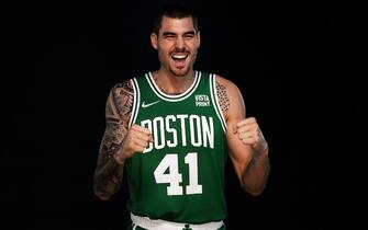 CANTON, MASSACHUSETTS - SEPTEMBER 27: Juancho Hernangomez #41 of the Boston Celtics poses for a photo during Media Day at High Output Studios on September 27, 2021 in Canton, Massachusetts. NOTE TO USER: User expressly acknowledges and agrees that, by downloading and or using this photograph, User is consenting to the terms and conditions of the Getty Images License Agreement. (Photo by Omar Rawlings/Getty Images)