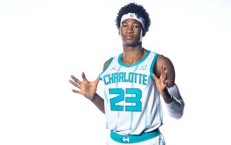 CHARLOTTE, NORTH CAROLINA - SEPTEMBER 27: Kai Jones #23 of the Charlotte Hornets poses for a portrait during Media Day at Spectrum Center on September 27, 2021 in Charlotte, North Carolina. NOTE TO USER: User expressly acknowledges and agrees that, by downloading and or using this photograph, User is consenting to the terms and conditions of the Getty Images License Agreement. (Photo by Jared C. Tilton/Getty Images)