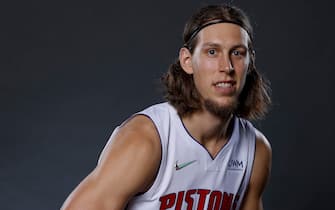 DETROIT, MICHIGAN - SEPTEMBER 27:  Kelly Olynyk #13 of the Detroit Pistons poses for a photo during media day at Little Caesars Arena on September 27, 2021 in Detroit, Michigan. NOTE TO USER: User expressly acknowledges and agrees that, by downloading and or using this photograph, User is consenting to the terms and conditions of the Getty Images License Agreement. (Photo by Rick Osentoski/Getty Images)