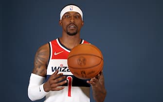 WASHINGTON, DC - SEPTEMBER 27: Kentavious Caldwell-Pope #1 of the Washington Wizards poses during media day at Entertainment & Sports Arena on September 27, 2021 in Washington, DC.  NOTE TO USER: User expressly acknowledges and agrees that, by downloading and or using this photograph, User is consenting to the terms and conditions of the Getty Images License Agreement. (Photo by Rob Carr/Getty Images)