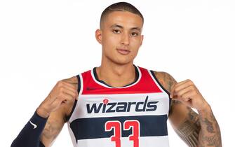WASHINGTON, DC -  AUGUST 6: Kyle Kuzma #33 of the Washington Wizards poses for a portrait on August 6, 2021 at Capital One Arena in Washington, DC. NOTE TO USER: User expressly acknowledges and agrees that, by downloading and or using this Photograph, user is consenting to the terms and conditions of the Getty Images License Agreement. Mandatory Copyright Notice: Copyright 2021 NBAE (Photo by Avi Gerver/NBAE via Getty Images)