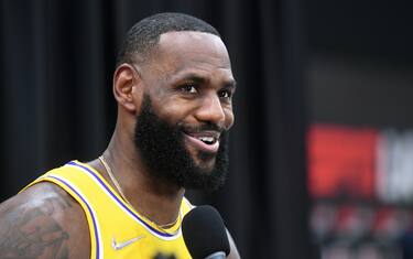 El Segundo, CA. September 28, 2021: Lakers LeBron James does an interview during media day at the UCLA Health Training Center in El Segundo Tuesday. (Wally Skalij/Los Angeles Times via Getty Images)