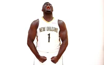 NEW ORLEANS, LOUISIANA - SEPTEMBER 27: Zion Williamson #1 of the New Orleans Pelicans poses for photos during Media Day at Smoothie King Center on September 27, 2021 in New Orleans, Louisiana. NOTE TO USER: User expressly acknowledges and agrees that, by downloading and or using this photograph, User is consenting to the terms and conditions of the Getty Images License Agreement. (Photo by Sean Gardner/Getty Images)