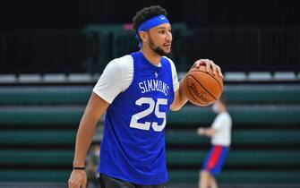 ORLANDO, FL - JULY 21: Ben Simmons #25 of the Philadelphia 76ers dribbles the ball during practice as part of the NBA Restart 2020 on July 21, 2020 in Orlando, Florida. NOTE TO USER: User expressly acknowledges and agrees that, by downloading and/or using this photograph, user is consenting to the terms and conditions of the Getty Images License Agreement.  Mandatory Copyright Notice: Copyright 2020 NBAE (Photo by Jesse D. Garrabrant/NBAE via Getty Images)