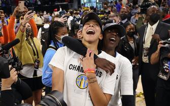 CHICAGO, ILLINOIS - OCTOBER 17: Candace Parker #3 and Kahleah Copper #2 of the Chicago Sky celebrate after defeating the Phoenix Mercury in Game Four of the WNBA Finals to win the championship at Wintrust Arena on October 17, 2021 in Chicago, Illinois. NOTE TO USER: User expressly acknowledges and agrees that, by downloading and or using this photograph, User is consenting to the terms and conditions of the Getty Images License Agreement. (Photo by Stacy Revere/Getty Images)