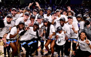 CHICAGO, IL - OCTOBER 17: The Chicago Sky poses for a photo with the 2021 WNBA Championship Trophy after winning Game Four of the 2021 WNBA Finals on October 17, 2021 at the Wintrust Arena in Chicago, Illinois. NOTE TO USER: User expressly acknowledges and agrees that, by downloading and or using this photograph, user is consenting to the terms and conditions of the Getty Images License Agreement.  Mandatory Copyright Notice: Copyright 2021 NBAE (Photo by Barry Gossage/NBAE via Getty Images) 