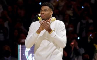 MILWAUKEE, WISCONSIN - OCTOBER 19: Giannis Antetokounmpo #34 of the Milwaukee Bucks is introduced during a ceremony before the game against the Brooklyn Nets at the Fiserv Forum on October 19, 2021 in Milwaukee, Wisconsin. (Photo by Stacy Revere/Getty Images)