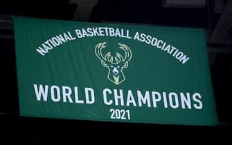 MILWAUKEE, WISCONSIN - OCTOBER 19: A general view of a banner in honor of the Milwaukee Bucks winning the 2021 NBA championship during a ceremony before the game against the Brooklyn Nets at the Fiserv Forum on October 19, 2021 in Milwaukee, Wisconsin. (Photo by Stacy Revere/Getty Images)