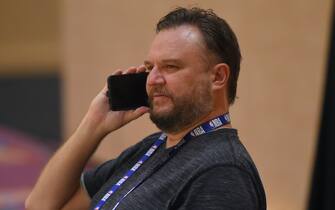 ORLANDO, FL - JULY 23: Daryl Morey, GM of the Houston Rockets, talks on the phone during practice as part of the NBA Restart 2020 on July 23, 2020 in Orlando, Florida. NOTE TO USER: User expressly acknowledges and agrees that, by downloading and/or using this photograph, user is consenting to the terms and conditions of the Getty Images License Agreement.  Mandatory Copyright Notice: Copyright 2020 NBAE (Photo by Bill Baptist/NBAE via Getty Images)