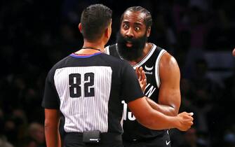 NEW YORK, NY - OCTOBER 24: James Harden #13 of the Brooklyn Nets has words with referee Suyash Mehta #82 during the second half of a game at Barclays Center on October 24, 2021 in New York City. The Hornets defeated the Nets 111-95. NOTE TO USER: User expressly acknowledges and agrees that, by downloading and or using this photograph, User is consenting to the terms and conditions of the Getty Images License Agreement. (Photo by Rich Schultz/Getty Images)