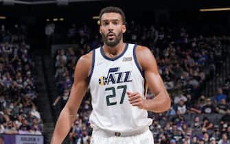 SACRAMENTO, CA - OCTOBER 22: Rudy Gobert #27 of the Utah Jazz looks on during the game against the Sacramento Kings on October 22, 2021 at Golden 1 Center in Sacramento, California. NOTE TO USER: User expressly acknowledges and agrees that, by downloading and or using this photograph, User is consenting to the terms and conditions of the Getty Images Agreement. Mandatory Copyright Notice: Copyright 2021 NBAE (Photo by Rocky Widner/NBAE via Getty Images)