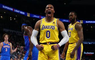 OKLAHOMA CITY, OK - OCTOBER 27: Russell Westbrook #0 of the Los Angeles Lakers celebrates during the game against the Oklahoma City Thunder on October 27, 2021 at Paycom Centerin Oklahoma City, Oklahoma. NOTE TO USER: User expressly acknowledges and agrees that, by downloading and or using this photograph, User is consenting to the terms and conditions of the Getty Images License Agreement. Mandatory Copyright Notice: Copyright 2021 NBAE (Photo by Zach Beeker/NBAE via Getty Images)