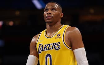 OKLAHOMA CITY, OK - OCTOBER 27: Russell Westbrook #0 of the Los Angeles Lakers looks on during the game against the Oklahoma City Thunder on October 27, 2021 at Paycom Centerin Oklahoma City, Oklahoma. NOTE TO USER: User expressly acknowledges and agrees that, by downloading and or using this photograph, User is consenting to the terms and conditions of the Getty Images License Agreement. Mandatory Copyright Notice: Copyright 2021 NBAE (Photo by Zach Beeker/NBAE via Getty Images)