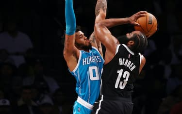 NEW YORK, NY - OCTOBER 24: James Harden #13 of the Brooklyn Nets attempts a shot as Miles Bridges #0 of the Charlotte Hornets defends during the second half of a game at Barclays Center on October 24, 2021 in New York City. The Hornets defeated the Nets 111-95.
NOTE TO USER: User expressly acknowledges and agrees that, by downloading and or using this photograph, User is consenting to the terms and conditions of the Getty Images License Agreement. (Photo by Rich Schultz/Getty Images)