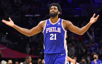 PHILADELPHIA, PA - OCTOBER 28: Joel Embiid #21 of the Philadelphia 76ers reacts during a game against the Detroit Pistons on October 28, 2021 at Wells Fargo Center in Philadelphia, Pennsylvania. NOTE TO USER: User expressly acknowledges and agrees that, by downloading and/or using this Photograph, user is consenting to the terms and conditions of the Getty Images License Agreement. Mandatory Copyright Notice: Copyright 2021 NBAE (Photo by Jesse D. Garrabrant/NBAE via Getty Images) 