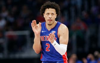DETROIT, MI - OCTOBER 30: Cade Cunningham #2 of the Detroit Pistons celebrates in the game against the Orlando Magic on October 30, 2021 at Little Caesars Arena in Detroit, Michigan.  NOTE TO USER: User expressly acknowledges and agrees that, by downloading and or using this photograph, user is consenting to the terms and conditions of the Getty Images License Agreement. Mandatory Copyright Notice: Copyright 2021 NBAE (Photo by Brian Sevald/NBAE via Getty Images)