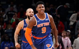 NEW ORLEANS, LA -OCTOBER 30: RJ Barrett #9 of the New York Knicks shows emotion during the game against the New Orleans Pelicans on October 30, 2021 at the Smoothie King Center in New Orleans, Louisiana. NOTE TO USER: User expressly acknowledges and agrees that, by downloading and or using this Photograph, user is consenting to the terms and conditions of the Getty Images License Agreement. Mandatory Copyright Notice: Copyright 2021 NBAE (Photo by Ned Dishman/NBAE via Getty Images)