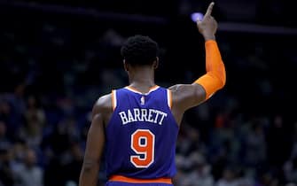 NEW ORLEANS, LOUISIANA - OCTOBER 30: RJ Barrett #9 of the New York Knicks reacts after scoring a basket during the fourth quarter of a NBA game against the New Orleans Pelicans at Smoothie King Center on October 30, 2021 in New Orleans, Louisiana. NOTE TO USER: User expressly acknowledges and agrees that, by downloading and or using this photograph, User is consenting to the terms and conditions of the Getty Images License Agreement. (Photo by Sean Gardner/Getty Images)