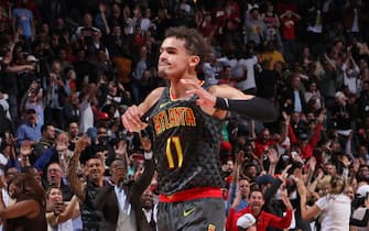 ATLANTA, GA - MARCH 1: Trae Young #11 of the Atlanta Hawks celebrates a shot during the game against the Chicago Bulls on March 1, 2019 at State Farm Arena in Atlanta, Georgia.  NOTE TO USER: User expressly acknowledges and agrees that, by downloading and/or using this Photograph, user is consenting to the terms and conditions of the Getty Images License Agreement. Mandatory Copyright Notice: Copyright 2019 NBAE (Photo by Jasear Thompson/NBAE via Getty Images)