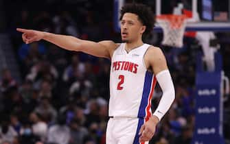 DETROIT, MICHIGAN - NOVEMBER 02: Cade Cunningham #2 of the Detroit Pistons looks on in the first half while playing the Milwaukee Bucks at Little Caesars Arena on November 02, 2021 in Detroit, Michigan. NOTE TO USER: User expressly acknowledges and agrees that, by downloading and or using this photograph, User is consenting to the terms and conditions of the Getty Images License Agreement. (Photo by Gregory Shamus/Getty Images)