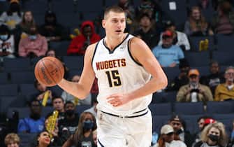 MEMPHIS, TN - November 3: Nikola Jokic #15 of the Denver Nuggets dribbles the ball up the court against the Memphis Grizzlies on November 3, 2021 at FedExForum in Memphis, Tennessee. NOTE TO USER: User expressly acknowledges and agrees that, by downloading and or using this photograph, User is consenting to the terms and conditions of the Getty Images License Agreement. Mandatory Copyright Notice: Copyright 2021 NBAE (Photo by Joe Murphy/NBAE via Getty Images)