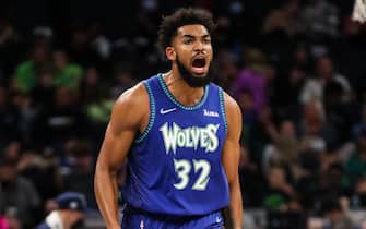 MINNEAPOLIS, MN - NOVEMBER 5: Karl-Anthony Towns #32 of the Minnesota Timberwolves yells after making a three-point shot against the LA Clippers in the second quarter of the game at Target Center on November 5, 2021 in Minneapolis, Minnesota. NOTE TO USER: User expressly acknowledges and agrees that, by downloading and or using this Photograph, user is consenting to the terms and conditions of the Getty Images License Agreement. (Photo by David Berding/Getty Images)