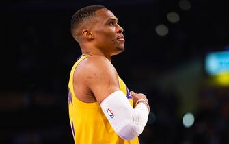 1236369976 LOS ANGELES, CA - NOVEMBER 4: Russell Westbrook #0 of the Los Angeles Lakers looks on before the game against the Oklahoma City Thunder on November 4, 2021 at STAPLES Center in Los Angeles, California. NOTE TO USER: User expressly acknowledges and agrees that, by downloading and/or using this Photograph, user is consenting to the terms and conditions of the Getty Images License Agreement. Mandatory Copyright Notice: Copyright 2021 NBAE (Photo by Zach Beeker/NBAE via Getty Images)