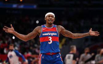 WASHINGTON, DC - NOVEMBER 07: Bradley Beal #3 of the Washington Wizards reacts to a play against the Milwaukee Bucks during the second half at Capital One Arena on November 7, 2021 in Washington, DC. NOTE TO USER: User expressly acknowledges and agrees that, by downloading and or using this photograph, User is consenting to the terms and conditions of the Getty Images License Agreement. (Photo by Scott Taetsch/Getty Images)