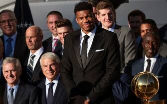 1352127588 WASHINGTON, DC - NOVEMBER 08: Giannis Antetokounmpo of the Milwaukee Bucks attends a ceremony where U.S. President Joe Biden honored the Bucks for winning the 2021 NBA Championship, on the South Lawn at the White House on November 08, 2021 in Washington, DC. The Bucks defeated the Phoenix Suns to win the 2021 NBA Championship. (Photo by Win McNamee/Getty Images)